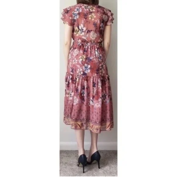 MISA Los Angeles Violette Pink Midi Floral Ruffle Dress - Size XS